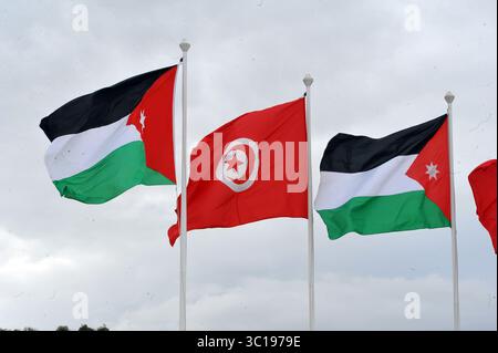 3. Februar 2019: Tunis, Tunesien - Flagge der beiden Länder ..... König Abdullah II. Von Jordanien und seine Frau Königin Rania wurden vom Präsidenten der Republik BÃ Caid Essebsi am Flughafen Tunis-Karthage empfangen und besuchten Tunesien für ein paar Stunden am Sonntag, den 3. Februar 2019. (Bild: © Chokri Mahjoub/ZUMA Wire) Stockfoto