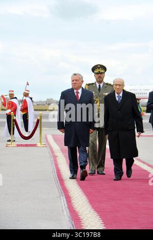 3. Februar 2019 - Tunis, Tunesien - König Abdullah II. Von Jordanien und seine Frau Königin Rania wurden vom Präsidenten der Republik BÃ Caid Essebsi am Flughafen Tunis-Karthago empfangen, der Tunesien für ein paar Stunden besucht, Sonntag, 3. Februar 2019. (Bild: © Chokri Mahjoub/ZUMA Wire) Stockfoto
