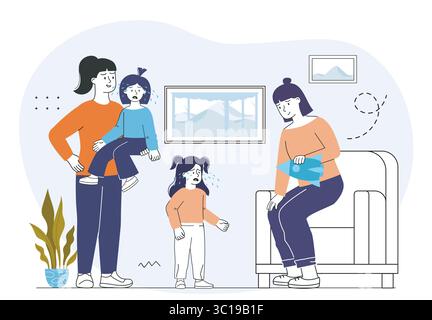 Traurige Kinder, die von der Familie im Haus getröstet werden. Vektorabbildung Stock Vektor