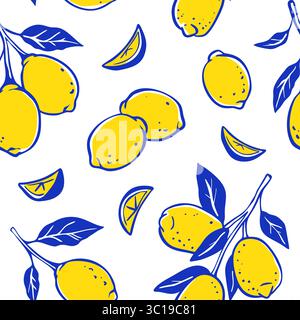 Handgezeichneter Hintergrund mit gelben und blauen Zitronen. Italienisch, Amalfi, Positano, Sizilien im Sommer-Stil. Zitrusfrüchte, Blätter, Zweige skizzieren nahtloses Pat Stock Vektor