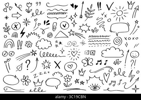 Handgezeichnete Doodle-Pfeile und Dekorative Elemente setzen Skizzenlinien, Unterstreichungen, Sprechblasen, Symbole, Hervorhebungsformen Kollektion Stock Vektor