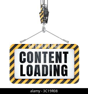Konzept zum Laden von Inhalten. Schild mit Kranhaken. 3D-Rendering isoliert auf weißem Hintergrund Stockfoto