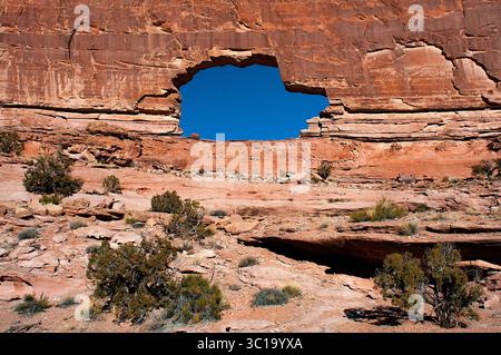 Januar 2019: Alte Canyonwände und tiefblauer Himmel umrahmen den spektakulären Gold Bar Arch, auch bekannt als Jeep Arch, der sich außerhalb des Canyonlands National Park auf dem Land des United States Bureau of Land Management in der Nähe von Moab, Utah, befindet. Larry Clouse/CSM(Kreditbild: &Copy; Larry Clouse/CSM via ZUMA Wire) Stockfoto
