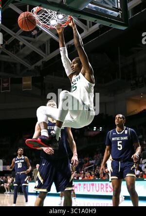 6. Februar 2019 - Coral Gables, FL, USA - Miamis Ebuka Izundu (15) taucht in der ersten Halbzeit im Watsco Center in Coral Gables, Florida, am Mittwoch, 6. Februar 2019 gegen Notre Dame's John Mooney und D.J. Harvey (5) ab. (Bild: © David Santiago/Miami Herald/TNS via ZUMA Wire) Stockfoto