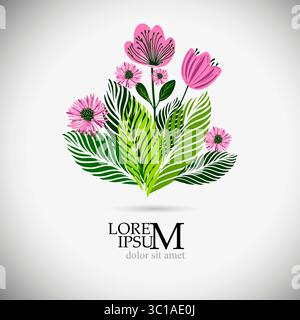 Abstrakte rosafarbene Blüte mit Blätterlogo. Handzeichnung. Nicht AI, Vektorillustration Stock Vektor