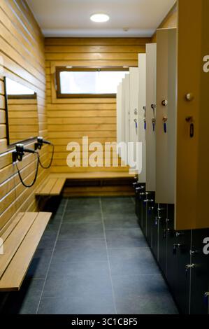 Moderne Umkleideräume mit Holzverkleidungen und Schließfächern. Umkleideraum mit Schließfächern, Spiegeln und Haartrockner Stockfoto