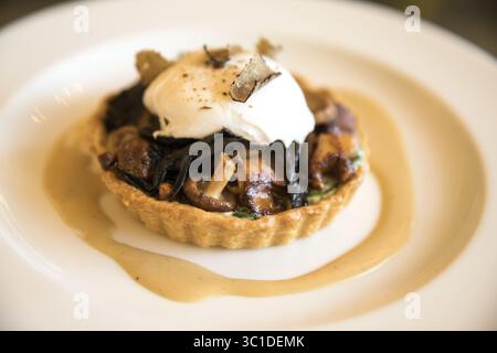 19. Oktober 2017 - Minneapolis, MN, USA - Wild Mushroom Tart mit Spinat, pochiertem Ei und herbstlicher schwarzer Trüffel in der 510 Lounge. HINTERGRUNDINFORMATION: 510 Lounge in Minneapolis, fotografiert am Donnerstag, 19. Oktober 2017. (Kreditbild: Leila Navidi/Minneapolis Star Tribune/TNS via ZUMA Wire) Stockfoto