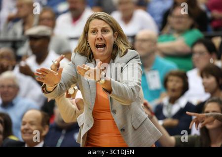 19. August 2015 – Minneapolis, MN, USA – Lynx-Cheftrainer Cheryl Reeve schrie die Schiedsrichter an, in der ersten Halbzeit keine Fouls zu nennen. (/STAR TRIBUNE) Lynx vs Washington im Target Center in Minneapolis, Min., Mittwoch, 19. August 2015. (Kreditbild: Kyndell Harkness/Minneapolis Star Tribune/TNS via ZUMA Wire) Stockfoto