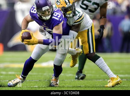 15. Oktober 2017 – Minneapolis, MN, USA – Minnesota Vikings Adam Thielen (19). .... .. - 15. Oktober 2017, Minneapolis, MN, NFL, US Bank Stadium, Minnesota Vikings vs. Green Bay Packers (Kreditbild: Carlos Gonzalez/Minneapolis Star Tribune/TNS via ZUMA Wire) Stockfoto