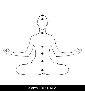 Chakras-Lokalisation im Körper. Silhouette des Menschen in Lotusposition auf weißem Hintergrund, Illustration Stockfoto