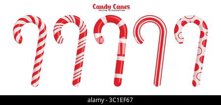 Candy Stock Red Drawing Clipart Set. Süßigkeitenstöcke in der Clip-Art-Kollektion mit Spiralen-, Streifen-, Kurven- und Punktmuster zur Weihnachtsdekoration Stock Vektor