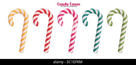 Zuckerrohr-Clipart-Set. Farbenfrohe Weihnachtsbonbons mit Clip-Art-Kollektion mit Spiralmuster für saisonale festliche Dekorationselemente in weiß Stock Vektor