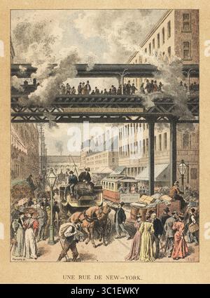 Straßenszene in New York, 19. Jahrhundert. Une rue de New York. Passagiere warten auf dem Bahnsteig eines NY Elevated Railroad Bahnhofs. Die Straße darunter ist voll mit Straßenbahnen, Reisebussen, Güterwagen und modischen Shoppern. Dampf und Rauch treten aus den Zügen aus. Chromolithographie von Charaire nach einer Illustration von Frederic Lix aus Charles Delons Les Peuples de la Terre, Peoples of the Earth, Paris, 1890. Stockfoto