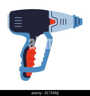 Bau-elektrischer Haartrockner Cartoon-Vektor-Illustration. Modernes Reparaturwerkzeug Heißpistole für Bauherren, Hausrenovierung. Leistungsstarkes Haarfön-Werkzeug-Design, professionell gestylt Stock Vektor