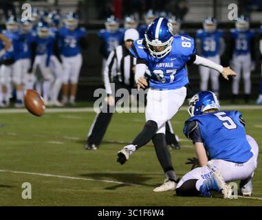 2. November 2018: Cade Keesling (), der Woodbury-Kicker Cade Keesling (87), trifft sein Team beim Sectional Playoff-Footballspiel der Klasse 6A am Freitag, 2. November 2018, an der Woodbury High School in Woodbury, MN, 16-14 gegen Wayzata. .. Städte stellen keine Haustierlizenzen mehr an Einwohner aus und bezeichnen die Anforderung als ineffektiv und unangetastet in einer Zeit, in der tollwütige Hunde selten in den Nachbarschaften herumstreifen und Tierbesitzer eher auf Facebook oder Mikrochips angewiesen sind, um verlorene Tiere zu finden. Nur die verantwortlichen Tierbesitzer haben ohnehin Lizenzen bekommen, sagte Jeff Kolb, ein Crystal CIT Stockfoto