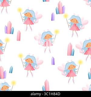 Nahtloses Muster mit niedlichen Feen, Zauberstäben und bunten Kristallen Stock Vektor