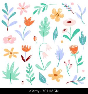 Blume Frühling Vektor Garten nettes Element Set. Handgezeichnete Pastellblume, Blatt, Wildblume Gänseblümchen niedliche Elemente mit Kreidekreide Textur. Doodle Garten Blume Pflanze Kind Hintergrund. Vektorabbildung Stock Vektor