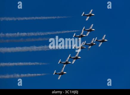 Die Royal Canadian Air Force Snowbirds 431 Demonstration Squadron tritt am 22. Juli 2025 in CT-114 Tutor-Flugzeugen über Victoria, British Columbia, auf. Stockfoto