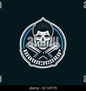 Barbershop Maskottchen Logo Design Vektor mit moderner Illustration Konzept Stil für Abzeichen, Emblem und T-Shirt Druck. Illustration von Schädel und Klinge. Stock Vektor