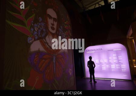 Nicht exklusiv: Eine Person nimmt an einer Führung während der Ausstellung Frida Kahlo: Das Leben einer Ikone Immersive Biographie im Espacio Alter Teil. Am 22. Juli 2025 in Stockfoto