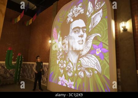 Nicht exklusiv: Eine Person nimmt an einer Führung während der Ausstellung Frida Kahlo: Das Leben einer Ikone Immersive Biographie im Espacio Alter Teil. Am 22. Juli 2025 in Stockfoto