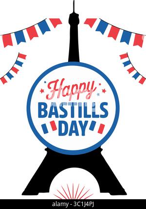 Happy Bastille Day Gruß mit Eiffelturm und französischer Flaggenbunte Stock Vektor