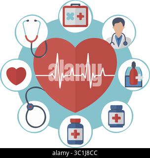 Kardiologie & Gesundheitswesen Konzept Medizinische Symbole Infografik Stock Vektor