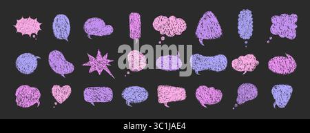 Bunte Buntstift-Sprechblase. Vektorsatz mit Kreide-Scribble-Text. Handgezeichneter Retro-Doodle-Dialog im Skizzenstil Stock Vektor