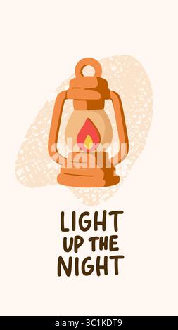 Vektor-Laterne Illustration mit dem Motivationszitat "Licht die Nacht". Perfekt für Camping, Wandern, Outdoor-Abenteuer und gemütliche Wildnis Stock Vektor