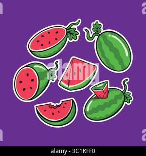 Logodesign mit Wassermelone und modernem Illustrationskonzept für Abzeichen, Emblem und T-Shirt. Illustration der Wassermelonen-Aufkleber. Stock Vektor