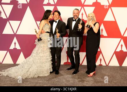 24. FEBRUAR 2019: HOLLYWOOD, KALIFORNIEN, USA: ELIZABETH CHAI VASARHELYI, JIMMY CHIN, EVAN HAYES, SHANNON DILL. 91. Annual Academy Awards der Academy of Motion Picture Arts and Sciences im Hollywood & Highland Center. Stockfoto