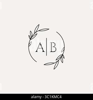 Letter ab Hochzeitsmonogramm-Logo-Design mit einfacher natürlicher Kreisblatt-Rahmen-Vektorgrafik Stock Vektor