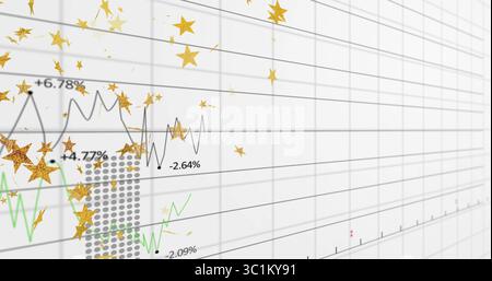 Anzeigen des Finanzdiagramms mit grauen und grünen Linien auf dem Dashboard und Überlagerungen mit goldenen Sternen Stockfoto