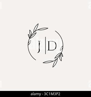 Letter JD Hochzeitsmonogramm-Logo-Design mit einfacher natürlicher Kreisblatt-Rahmen-Vektorgrafik Stock Vektor