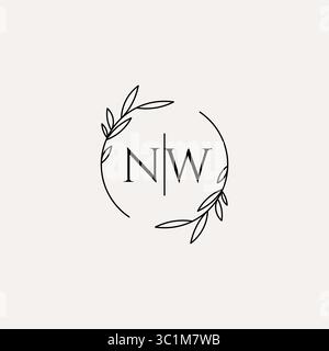 Letter NW Hochzeit Monogramm Logo Design mit einfacher natürlicher Kreisblatt Rahmen Vektorgrafik Stock Vektor