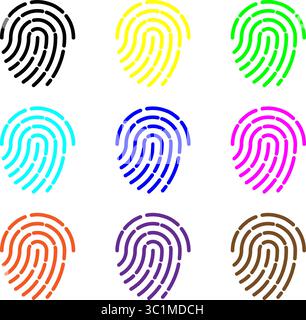 Buntes Symbolset mit Fingerabdruck – biometrische Sicherheit und Identität Stock Vektor