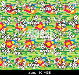 Ein nahtloser Farbhintergrund mit Schmetterlingen und Blumen. Stock Vektor