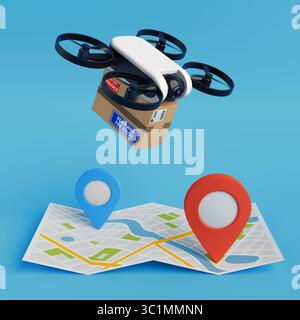 Innovation Für Schnelle Luftbereitstellung. Drohne Trägt Kartonpaket Über Karte Mit Roten Und Blauen Positionsnadeln Auf Blauem Hintergrund. 3D-Rendering Stockfoto