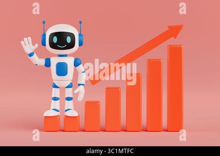 KI-Wachstum und technologisches Fortschrittskonzept. Lächelnder AI-Roboter mit steigendem Balkendiagramm auf rosa Hintergrund. 3D-Rendering Stockfoto
