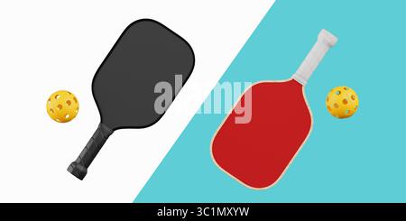 Pickleball-Wettbewerbskonzept. Zwei bunte Pickleball-Paddel und -Kugeln auf geteiltem weißem und blauem Hintergrund. 3D-Rendering Stockfoto