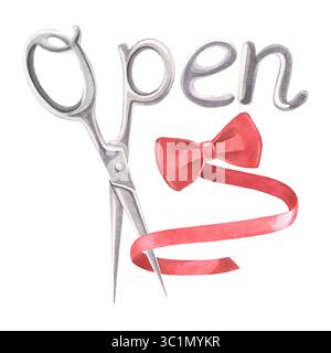 Offene Inschrift aus metallischen Buchstaben, Schere, Fliege und Band. Handgemalte Aquarellabbildung von Schildertafeln isoliert auf weiß Stockfoto