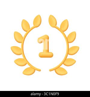 Goldener Lorbeerkranz mit der Nummer eins in der Mitte. Trophäe, Auszeichnung, Erfolg, Champion, Sieg und Konzept für den ersten Platz. Symbol für 3D-Vektor. Karikatur min Stock Vektor