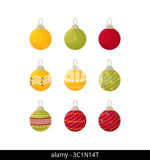 Satz, Sammlung Weihnachtskugeln verziert mit verschiedenen Ornamenten, Srars, Schneeflocken isoliert auf weißem Hintergrund Vorrat Vektor Illustration. Vektorabbildung Stock Vektor