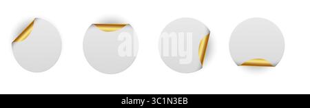 Weiße Papierkreise mit goldenen Ecken, die glänzende metallische Rückseite freigeben – leere runde Aufkleber mit gewellten Kanten. Premium-Label-Set für Designelemente für Branding, Preisgestaltung oder Werbemarketing. Stock Vektor
