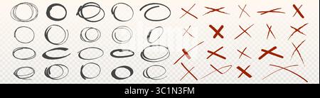 Handgezeichnete Markierungen mit schwarzen ovalen Kreisen und roten Kreuzsymbolen mit Buntstift. Skizzenhafte Hervorhebungselemente – gekritzelte Ringe mit X-Formen zum Markieren von Dokumenten oder Korrekturen. Stock Vektor