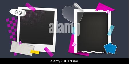 Y2K-Bilderrahmen mit bunten dekorativen Elementen – Retro-Sofortaufnahmen mit Herzformen, Pixelaufklebern, Bändern. Nostalgisches Millennial-Design für Scrapbooking oder digitale Memory-Collage-Layouts. Stock Vektor