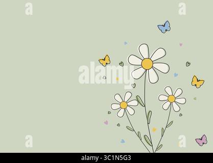 Postkarte mit einfachen Gänseblümchen Blumen auf pastellgrünem Hintergrund mit Platz für Text, Vektorillustration. Minimalistisches Blumendesign für Einladungen oder p Stock Vektor