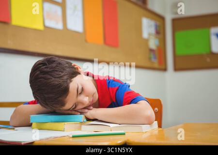 Junge im Schulalter, der auf einem Schulbuchstapel mit Bleistift und offenem Arbeitsbuch schläft Stockfoto