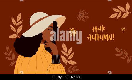 Hübsche afro-amerikanische Frau mit breiter Krempe und Herbstlaub. Weibliches herbstliches ethnisches Porträt. Elegantes, saisonales horizontales Poster Hallo, Herbst. Vecto Stock Vektor