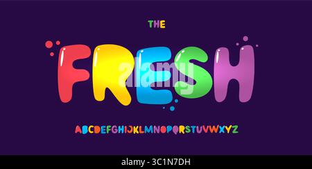 Buntes Logo-Alphabet in Jellybean-Schriftart, saftige Hochglanzbuchstaben und kindliche Bonbons. Ideal für Kinderspiele, Geburtstagsfeiern, süß Stock Vektor